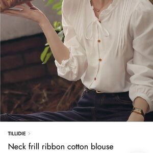 White Neck-Frill Ribbon Cotton Blouse